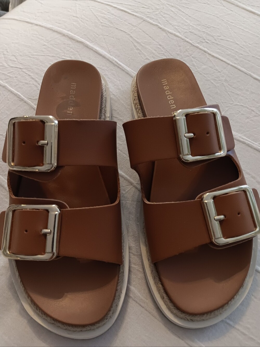 Steve Madden Cognac Double-Buckle Slide Sandals 8 White Sole  Worn Twice!